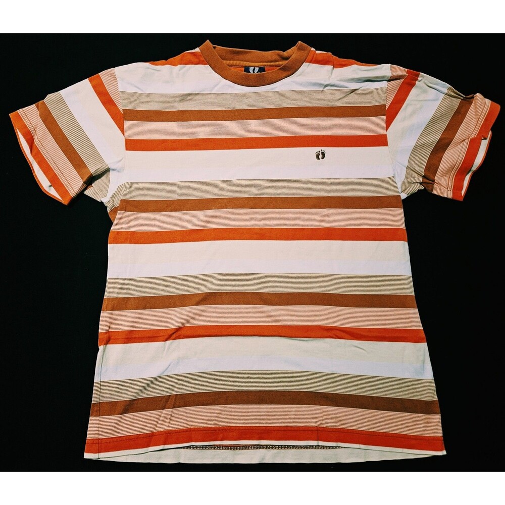Vintage Hang Ten Striped T-Shirt Medium 70s 80s Surf Skate Orange Brown Ringer
